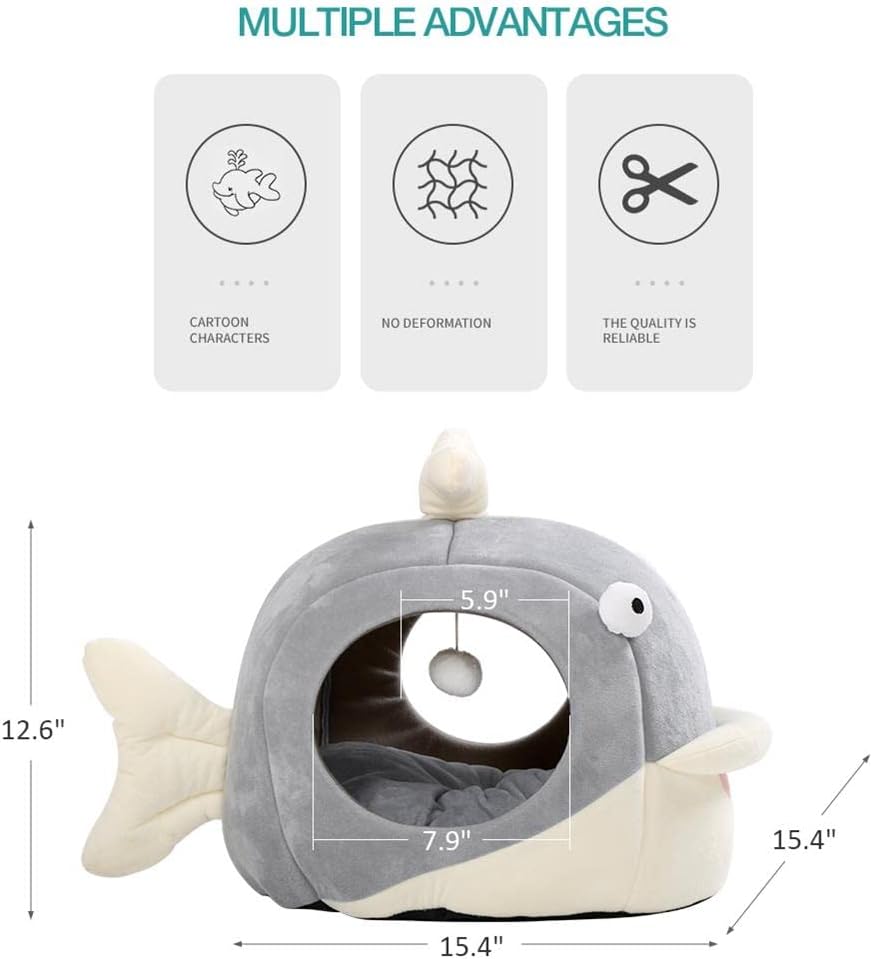 Lcybem Cat Beds for Indoor Cats - Cat Bed Cave with Removable Washable Cushioned Pillow, Calming Cozy Soft Cat Cave, Cute Friendly Dolphin Cat Houses for Indoor Cats No Deformation Pet Bed, L