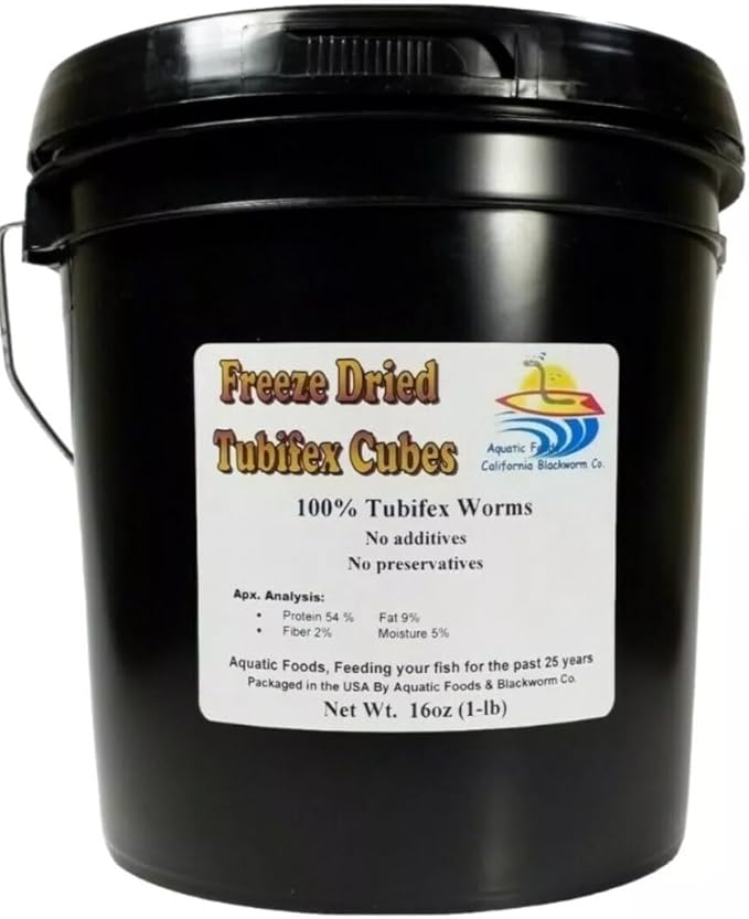 Aquatic Foods Inc. Tubifex Worm Cubes, Floating Freeze Dried Tubifex for All Tropical Fish, Cichlids, Discus, Tetras, Bettas, Goldfish, Angel Fish, Marine Fish, Koi & Pond Fish...16oz Bucket