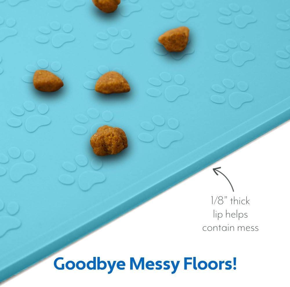 MIGHTY MONKEY 100% Waterproof Dog Food Mat, Raised Edges Silicone Pet Feeding Placemat for Cat, Dogs, Pet Bowls, High Lipped Tray Prevents Water Spills, Food on Floor, Dishwasher Safe, 24x16 Turquoise
