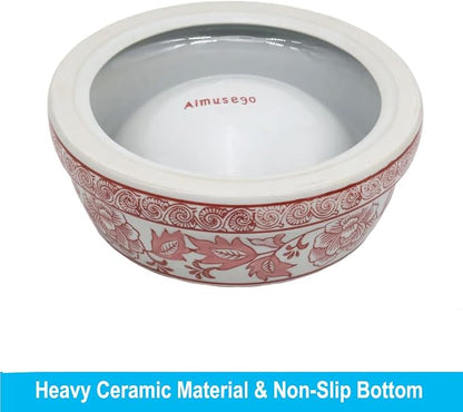 Aimusego Pink & White Ceramic Dog Bowl,Chinoiserie Floral Heavy Duty Non-Slip Dog Food Water Bowls, Ceramic Dish for Medium and Small Dogs and Cats, for Pet Owners,Puppy 9inch