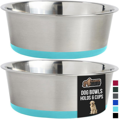 GORILLA GRIP Set of 2 Dog Bowls, Holds 6 Cups (48 fl oz), Heavy Duty Metal Food and Water Bowl for Feeding Dogs and Cats, Dishwasher Safe Rust Resistant Stainless Steel, BPA Free Rubber Base Turquoise