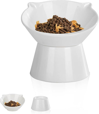 Detachable Elevated Cat Bowls, 15° Tilted Raised Cat Food Bowl Anti-Vomiting, Whisker Friendly, Adjustable Pet cat Dishes for Protecting Spine, Adult Kitten (White)