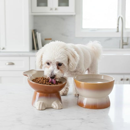Nihow Dog Food & Water Bowls: Elevated Ceramic Bowls for Medium/Small Dog | Food Safe Raised Puppy Bowls - Brown Pet Bowl for Protecting Pet's Spine (Set of 2)