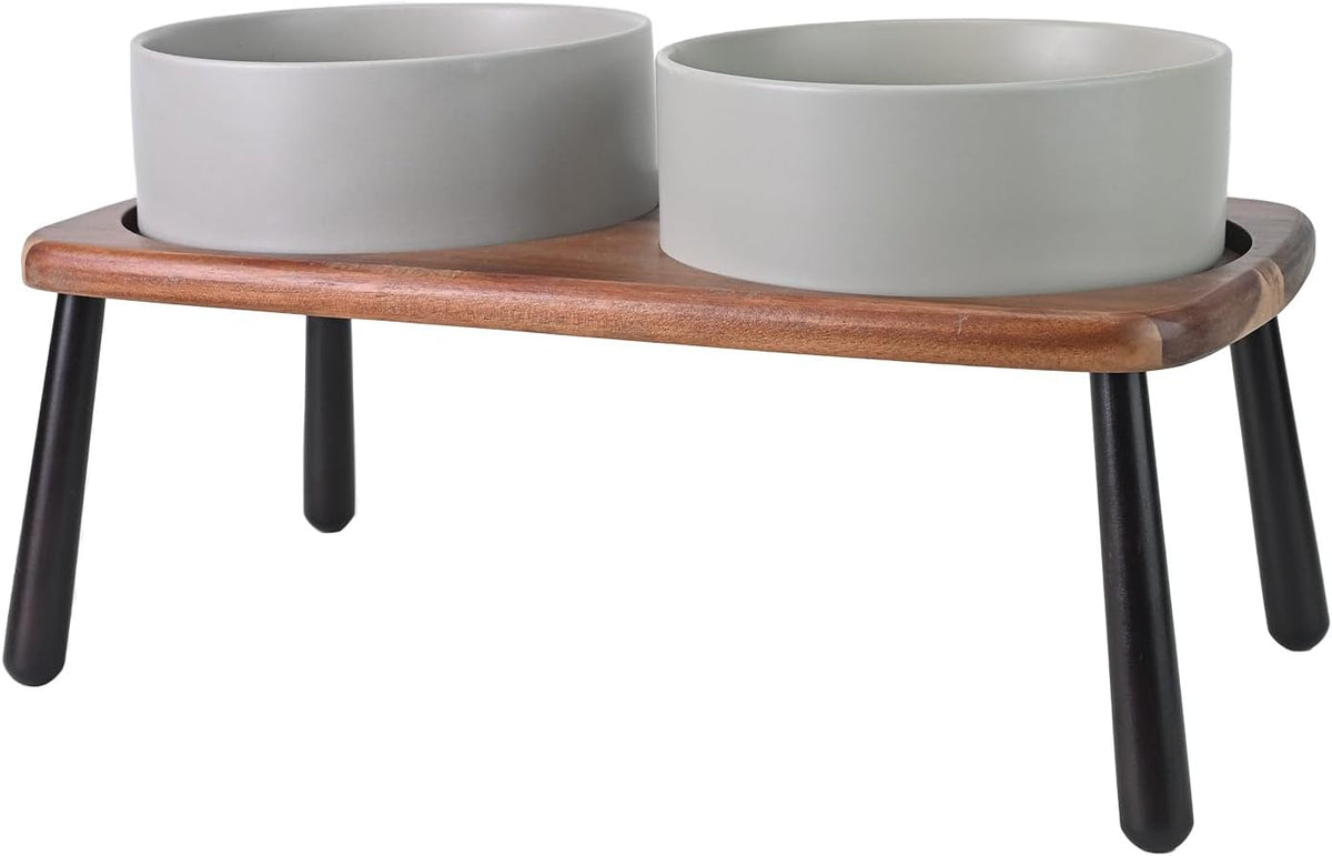 SPUNKYJUNKY Ceramic Elevated Dog Bowls Raised with Acacia Bamboo Wooden Stand, 8.3'' Dog Food Water Bowls Set Non-Slip for Medium Large Sized Breed Microwave Dishwasher Safe - 60 OZ,Grey