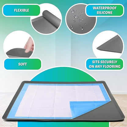 Dog Pee Pad Holder - Fits Up to 30” x 36” Pee Pad - 1 Pack - Grey | Stable Grip, Soft Edges, Quick Wipe Silicone Surface, Dog Pad Holder for Indoor Flooring Protection