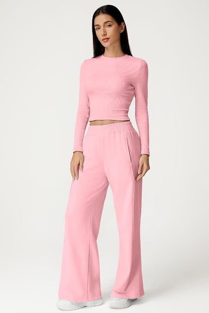 QINSEN Womens 2 Piece Sets Long Sleeve Slim Fit Crop Tops Wide Leg Pants Matching Lounge Set