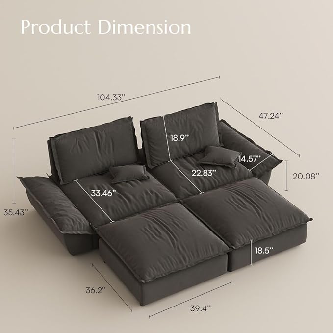 POVISON Oversized Modular Sectional Sailboat Sofa for Living Room with Adjustable Backrest Modern Sectional Couches Loveseat Large Deep Sofa 2 Seats with 2 Ottomans Comfy Cloud Couch for House Office