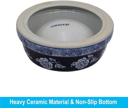 Aimusego Vintage Blue Ceramic Dog Bowls, Dog Food Feeding Dish for Medium Dogs Cats, Heavy Chinoiserie Porcelain Pet Bowl for Water,Durable & Easy to Clean-9inch