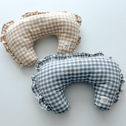 MOM N POP Pet Nap Pillow – Washable Gingham Check Cushion for Dogs & Cats, Soft Neck Support Bed (Beige/Blue) (Blue)