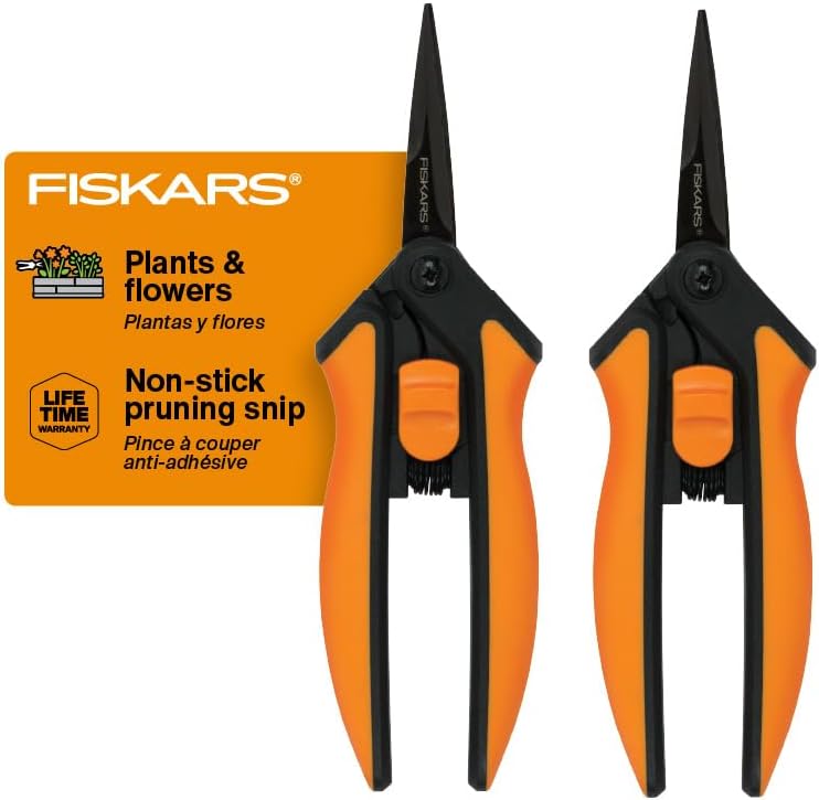 Fiskars 6" Pruning Scissors (2-Pack) for Flowers, Buds, Weeds and Small Plants, Garden Snips with Resin Resistant Nonstick Stainless Steel Blades, Gardening Trimmers with Comfortable Handle