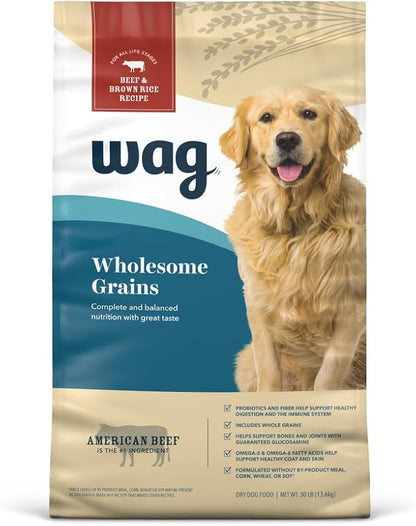 Amazon Brand - Wag Adult Premium Nutrition Dry Dog Food, Supports Stomach and Skin Health, Beef and Brown Rice, 30 lb Bag