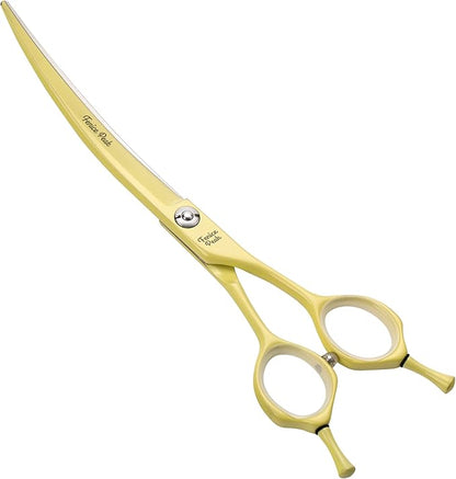 Fenice Peak Curved Dog Grooming Scissors with Yellow Color Coating 440C Stainless Steel Pet Grooming Bending Shears Sharp and Durable Comfortable Engonomic Handle