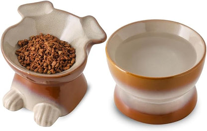 Nihow Dog Food & Water Bowls: Elevated Ceramic Bowls for Medium/Small Dog | Food Safe Raised Puppy Bowls - Brown Pet Bowl for Protecting Pet's Spine (Set of 2)