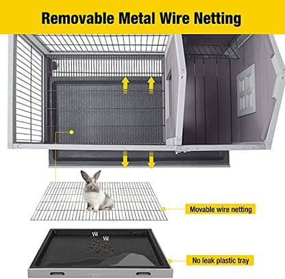 Aivituvin Wooden Rabbit Hutch with Removable Wire Floor Grid, Bunny Cage with Deeper Leakproof Tray 4 Wheels Include
