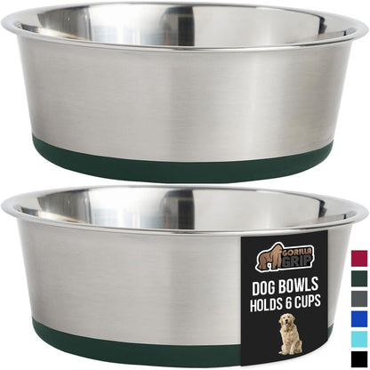 GORILLA GRIP Set of 2 Dog Bowls, Holds 6 Cups (48 fl oz), Heavy Duty Metal Food and Water Bowl for Feeding Dogs and Cats, Dishwasher Safe, Rust Resistant Stainless Steel, BPA Free Rubber Base, Green