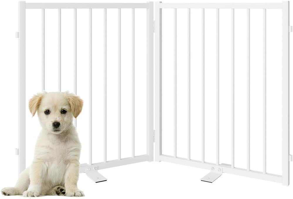 Full Metal Freestanding Dog Gate with Door, 24'' Height Foldable Pet Dog Fence for Indoor & Outdoor, 2 Panels Extra Wide Free Standing Small Dog Gates for Doorways,House,Stairs,Porch,Deck,Yard