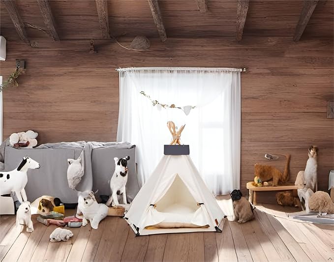 Dog Teepee Bed Cat Tent Portable Houses Pet Puppy with Thick Cushion (L:Size fits 15kg/33lbs (Pets)) | (White, L:Size fits 15kg/33lbs (Pets))