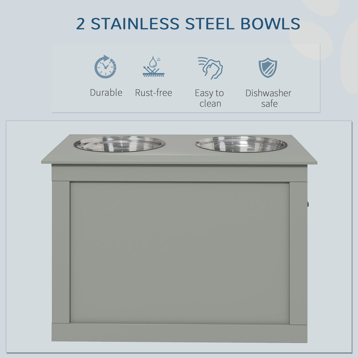 Raised Pet Feeding Storage Station with 2 Stainless Steel Bowls Base for Large Dogs and Other Large Pets, Gray