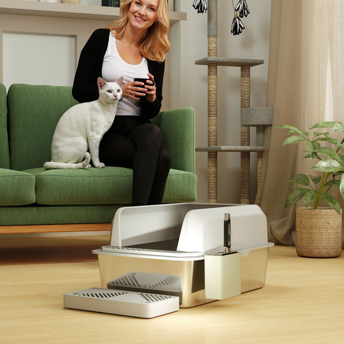 Stainless Steel Litter Box with Metal Scoop & Scoop Holder, High Sided, Anti-Urine Leakage, Non-Sticky