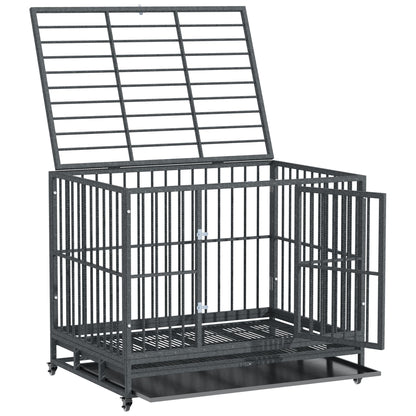 43" Heavy Duty Dog Crate Metal Cage Kennel with Lockable Wheels, Double Door and Removable Tray, Gray