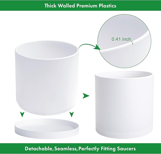 D'vine Dev 14 Inch White Plastic Planter Pots for Plant Pot with Drainage Hole and Seamless Saucers, 74-X-A-4