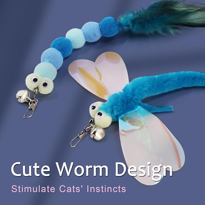 SONGWAY Cat Wand Toys for Indoor Cats - Cat Toy Set with Retractable Teaser Wand and 6 PCS Fairy Feather Toy Refills, Dragonfly Tassel Plush Cat Toys Interactive, Blue