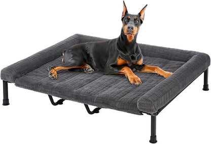Veehoo Elevated Dog Bed with Fluffy Plush Bolster Cushion, Dog Couch Bed | Cooling Raised Dog Bed for Large Dogs, Washable Orthopedic Pet Cot with Removable Mat, Breathable Mesh, Non-Slip, 59", Grey