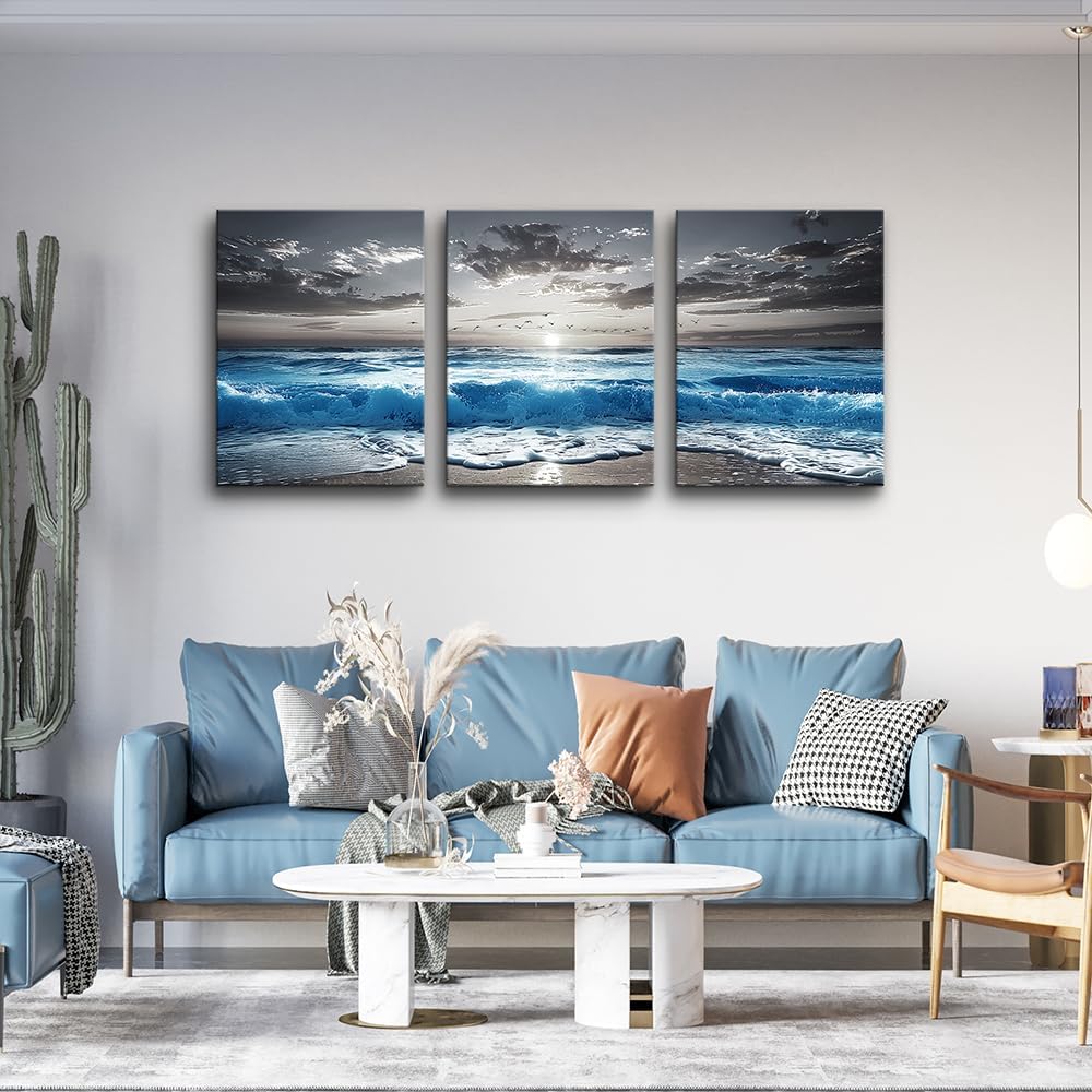 TTHYUEWS Black And White Beach Wall Pictures Wall Decor For Living Room Canvas Wall Art For Bedroom Office Decorations Blue Sea Wave Ocean Paintings Artworks Canvas Art Modern Home Decor 3 Pieces