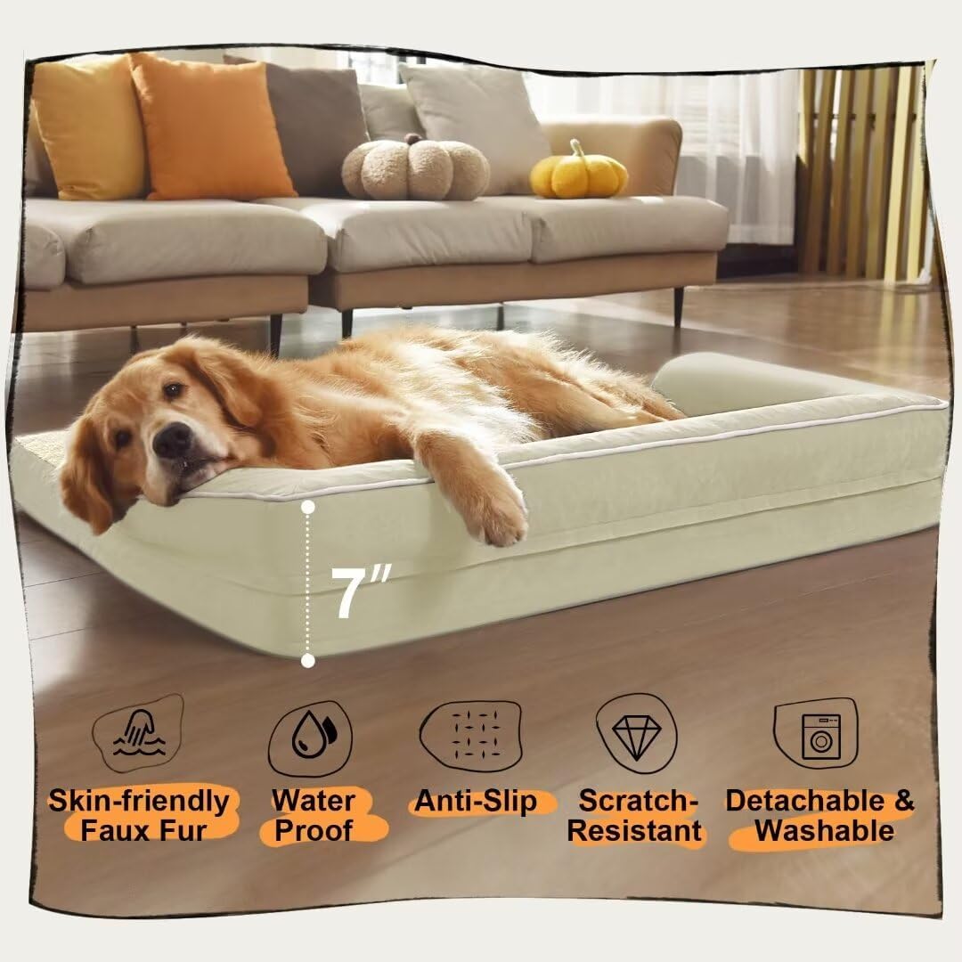 Large Dog Bed Orthopedic Washable: Extra Large Big Dog Bed with Removable Bolster & Memory Foam Couch Sofa - Waterproof Washable with Cover