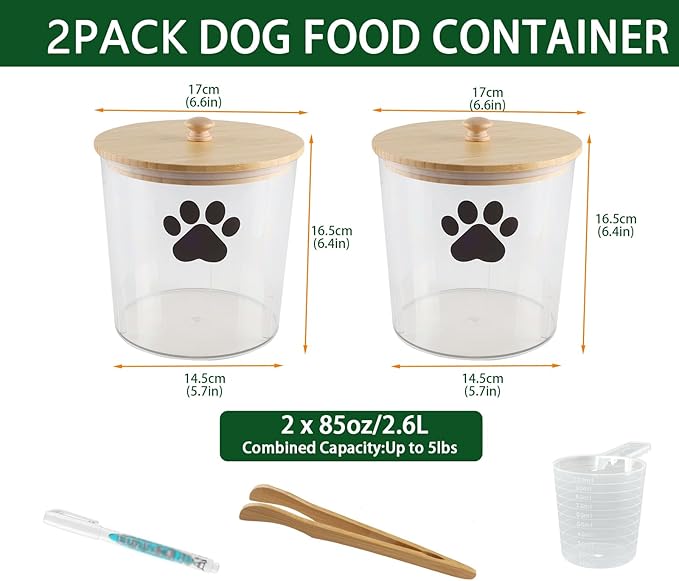 2 Pack Airtight Dog Treat Container,85oz Dog Cat Food Storage Container with Bamboo Lids,Puppy Cookie Jar,Up to 5~6LB,Pet Treat Canister with Scoops,Food Tong,Pen-Round