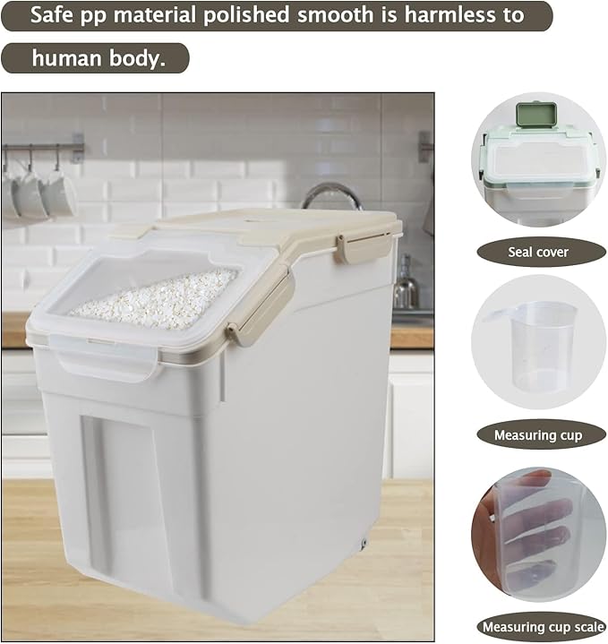 Large Flour Storage Container Bin 25lb,4 Pack Airtight Rice Storage Containers with Wheels Seal Locking Lid BPA Free with Measuring Cup,Scoop for Flour, Rice, Grain, Dry Food - Grey