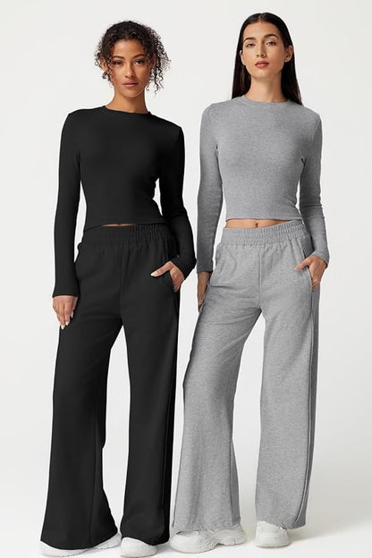 QINSEN Womens 2 Piece Sets Long Sleeve Slim Fit Crop Tops Wide Leg Pants Matching Lounge Set