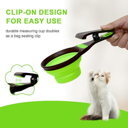 Collapsible Silicone Dog Food Scoop Foldable Pet Food Measuring Cup with Bag Clip 3 in 1 Multi-Function Silicone Dog Food Scooper (Green, Small)