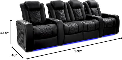 Valencia Tuscany Home Theater Seating Semi-Aniline Italian Nappa 20000 Leather Ultimate Luxury Heat & Ventilation Power Recliner Power Lumbar and Headrest (Row of 4 Loveseat Center, Onyx)