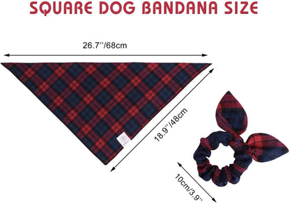 E-Clover Dog Bandanas & Matching Scrunchie Set Plaid Dog Scarf Bibs for Medium Large Dogs Girl Boy Pet Owner Gift Red Blue
