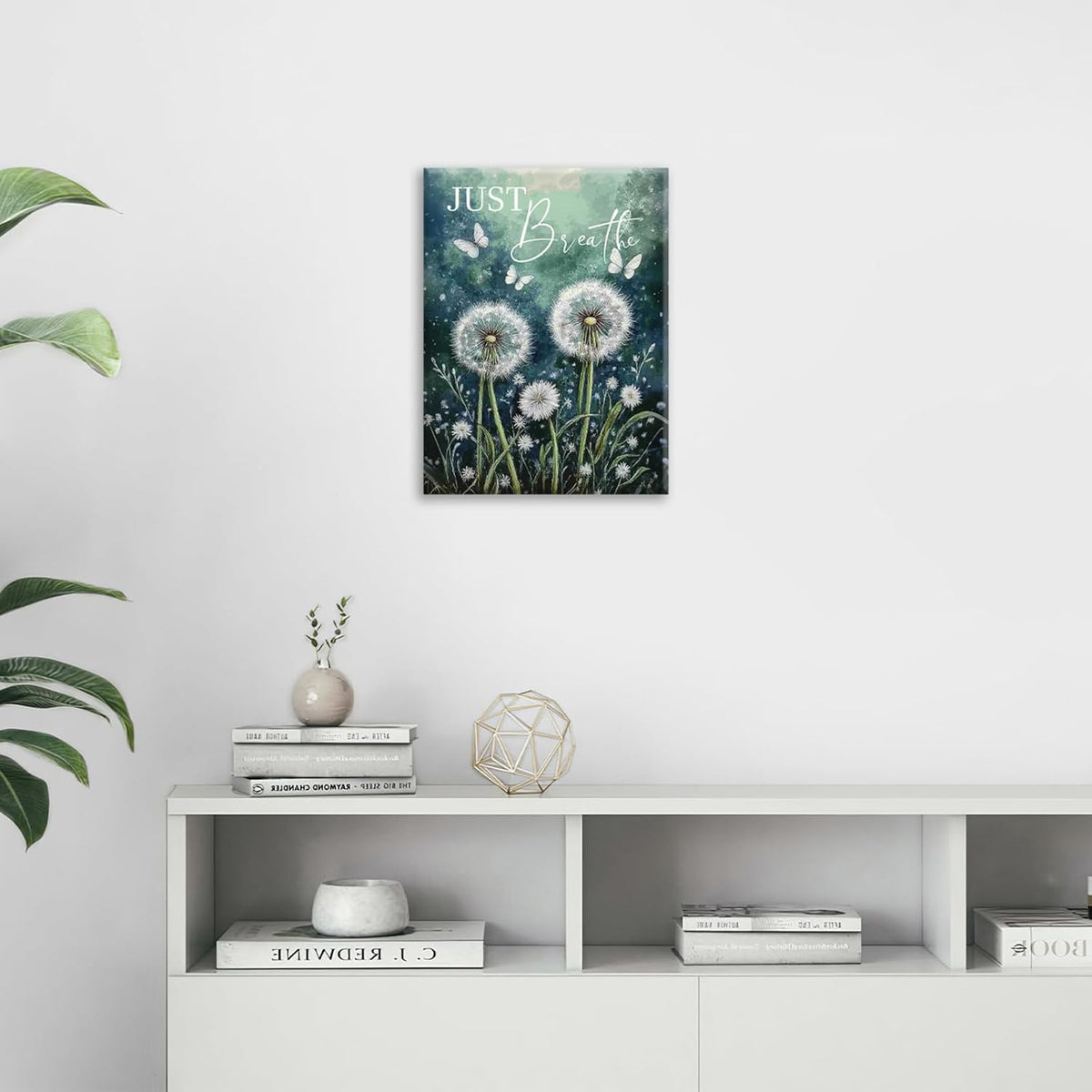 Dandelion Pictures Wall Art, Farmhouse Floral Bathroom Wall Decor, Rustic Nature Inspirational Framed Painting Butterfly White Flower Canvas Artwork for Bedroom Living Room Decorations 16"L x 12"W