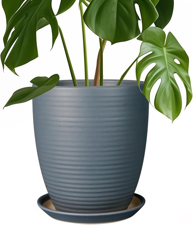 8 Inch Ceramic Plant Pot Large Planter Pot for Plants Indoor Outdoor Glaze Flower Pot with Drainage Hole and Saucer Gray