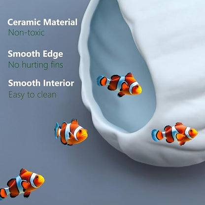 Ocean Theme Aquarium Decor 4-Piece Set: Ceramic Shell Cave, Resin Coral & Starfish, Cute Mermaid Figurine - Hideout & Ornament for Betta Fish, Shrimp, Small Fish Tank