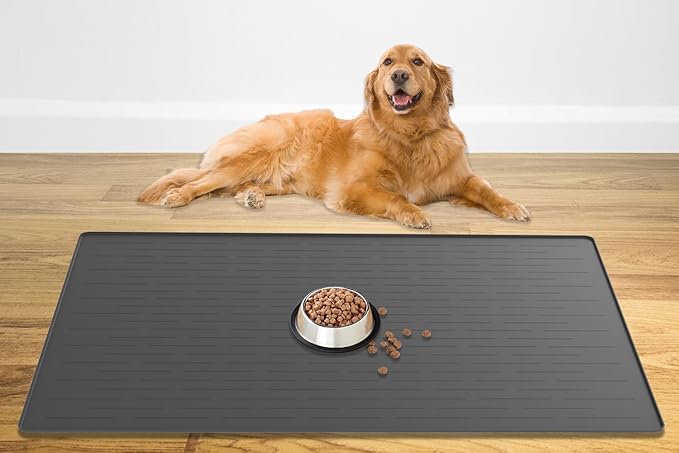 48" x 32" XXXL Largest Pet Food Mat, Silicone Dog Mats for Food and Water, Nonslip Pet Feeding Mats for Floors,Dog Cat Bowl Mat with Raised Edges, Dark Gray