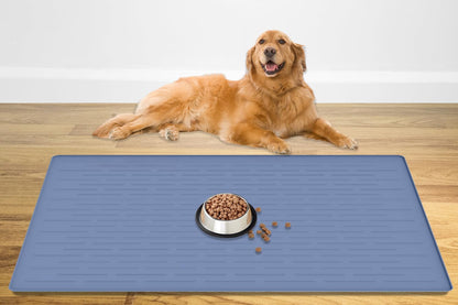 48" x 32" Largest Pet Food Mat, XXXL Silicone Dog Mats for Food and Water, Nonslip Pet Feeding Mats for Floors,Dog Cat Bowl Mat with Raised Edges, Lake Blue