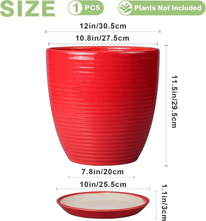 Ceramic Pot for Plants 12 Inch - Plant Pot Indoor with Drainage Hole and Saucer Round Large Planter for Outdoor Plants Mid Century Modern Flower Pot for Home Decor Red