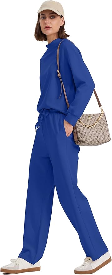 WIHOLL Two Piece Sets for Women Fall Outfits Lounge Sets Mock Neck Tops Wide Leg Pants Vacation Travel Airport Outfits