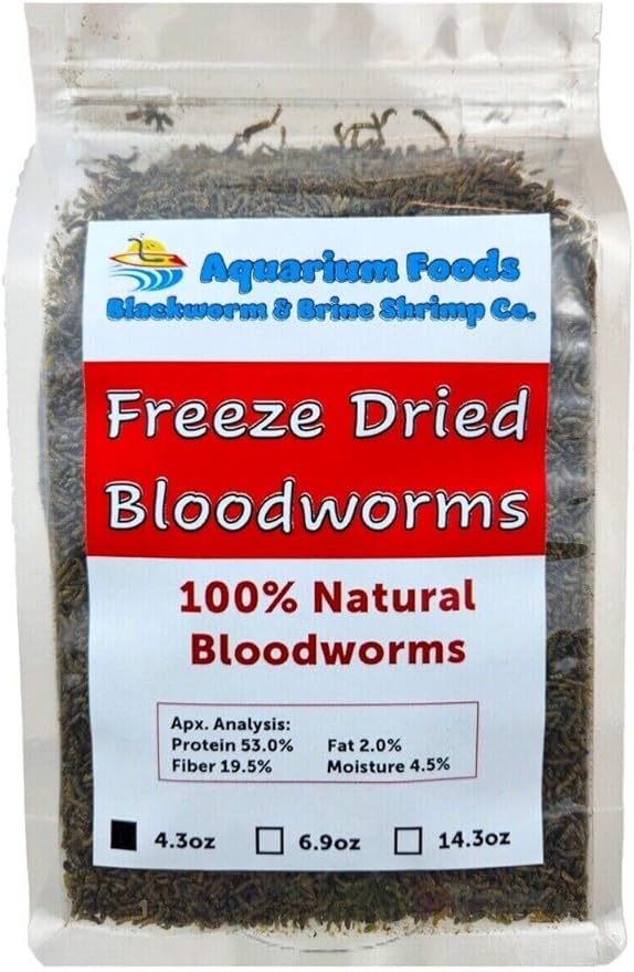 Aquatic Foods Inc. Bloodworms, Grade A Freeze Dried Bloodworms for All Tropical Fish, Cichlids, Discus, Tetras, Goldfish, Bettas, Angel Fish, Marine Fish, Carnivorous Plants…4.3oz Clear Bag