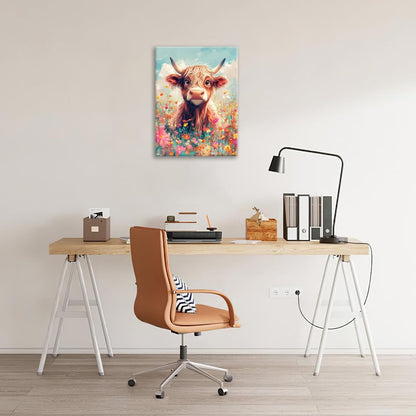 Highland Cow Wall Art Canvas Flower Cattle Wall Decor Prints Framed Painting Animal Pictures Gifts Artwork for Bathroom Living Dining Kitchen 16"x20"