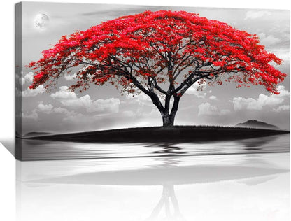 canvas wall art for living room bathroom Wall Decor Black and white landscape red tree moon scenery Hang painting Home Decorations for office bedroom kitchen Works canvas Prints pictures 24" x 48"inch