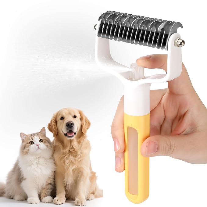 Undercoat Rake for Dogs & Cats, Double-Sided Deshedding Dematting Tool with Spray Bottle, Extra-Wide Dog Brush for Shedding, Reduce Flying Hair, Effectively Remove Tangles, Knots and Mats