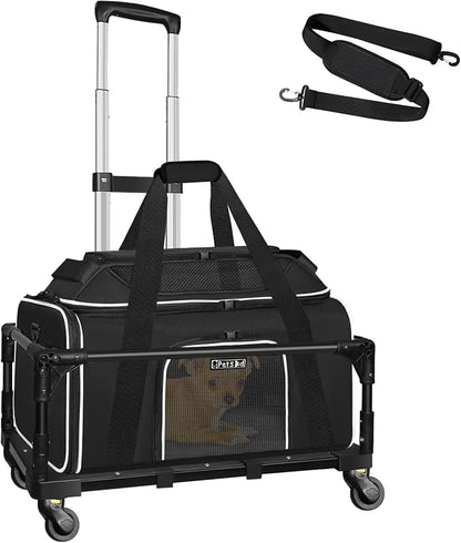 Top-Expandable Small Pet Carrier with Wheels Airline Approved | 18"x11"x11", for Delta/American/United Airlines, Lockable Safety Zippers and Anti-Scratch Mesh, Pets Under 10 Lbs, Black