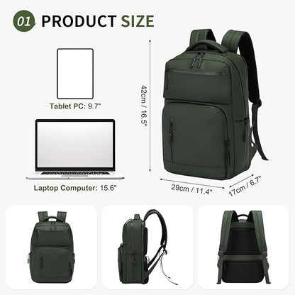 Waterproof Laptop Backpack for Men & Women, Flight Approved Anti-Theft Daypack with 15.6-inch Laptop Sleeve (Green)