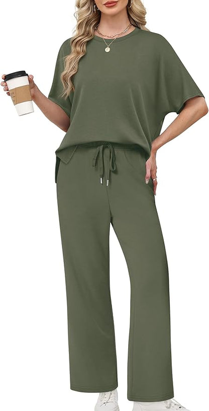 XIEERDUO Women's Side Slit Lounge Sets 2 Piece Travel Outfits Airport Tracksuit Oversized Wide Leg Loungewear S-3XL