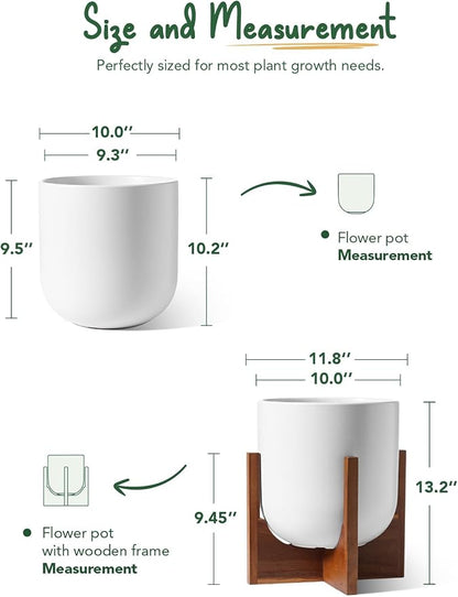 LE TAUCI 10 Inch Plant Pot with Acacia Wood Stand, Ceramic Planters for Indoor Plants, Unique Plant Pots Indoor for Home Decor, Mid-Century Modern Pots for Plants with Drainage Hole and Plug, White
